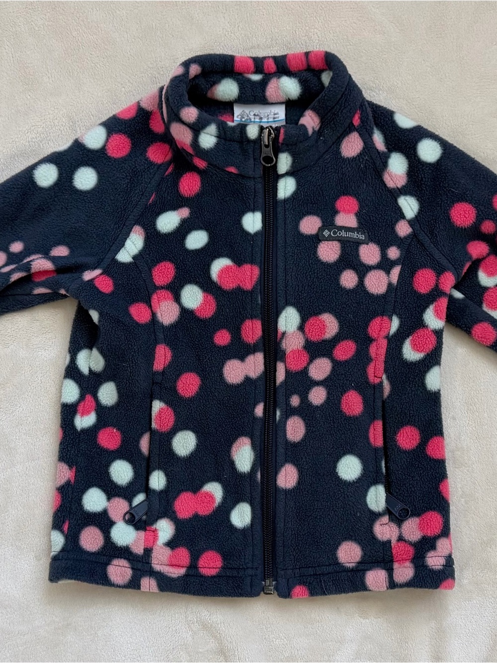 Columbia Girls' Navy Fleece Jacket with Pink & White Polka Dots